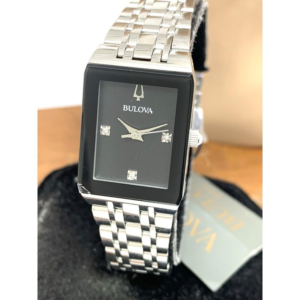 Bulova Women's Watch 96P202 Quartz Black Dial Diamond Quadra Silver Steel CHIP